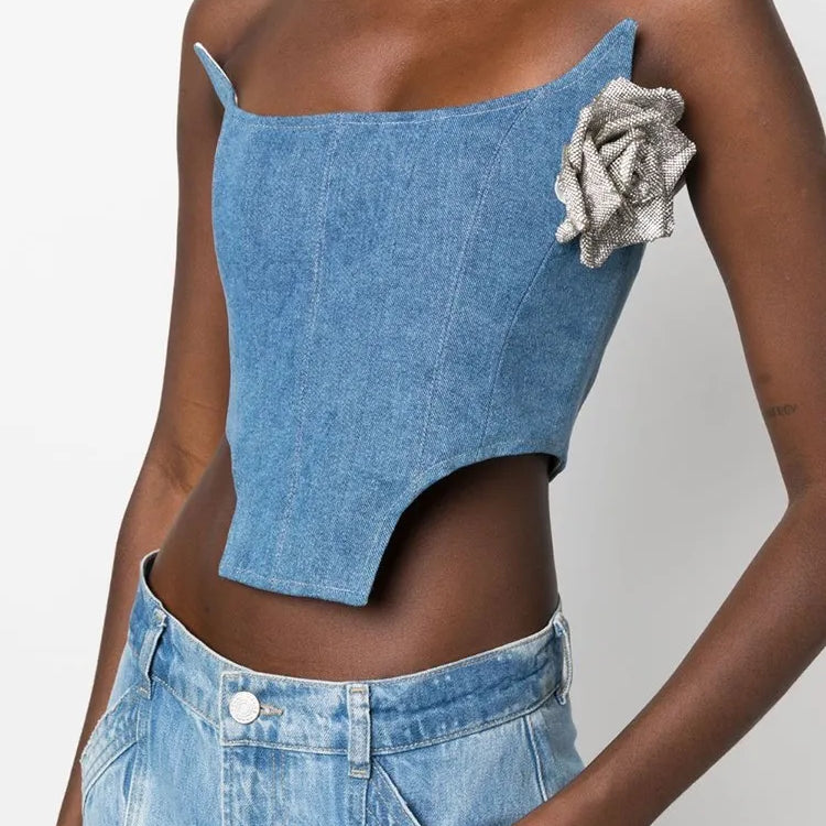 Denim Irregular Vests For Women Slash Neck Sleeveless Patchwork Appliques Slimming Vintage Vest Female Fashion 2023