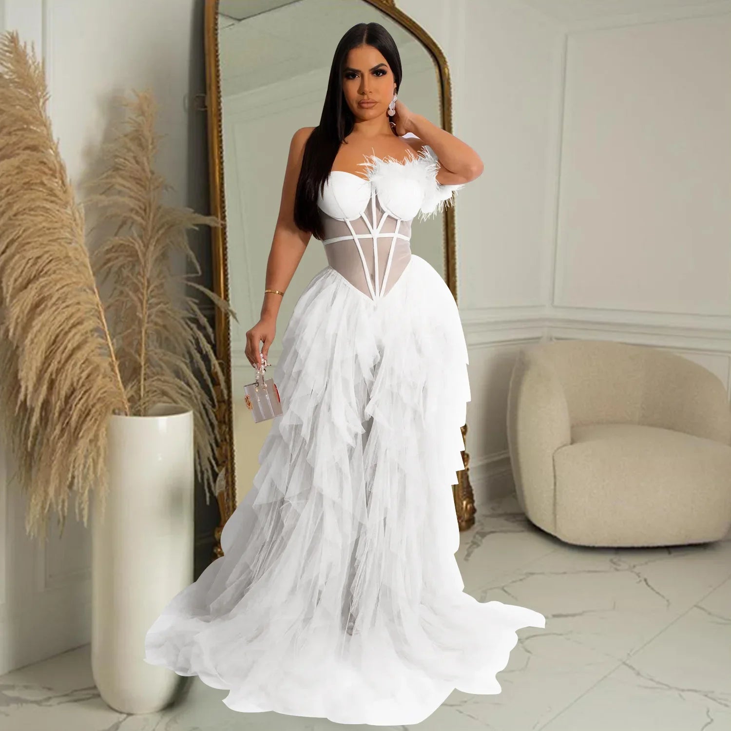 CM.YAYA Women Tierred Mesh See Though Off Shoulder Sweetheart Collar Maxi Long Floor Length Dress Evening Sexy Party Dresses