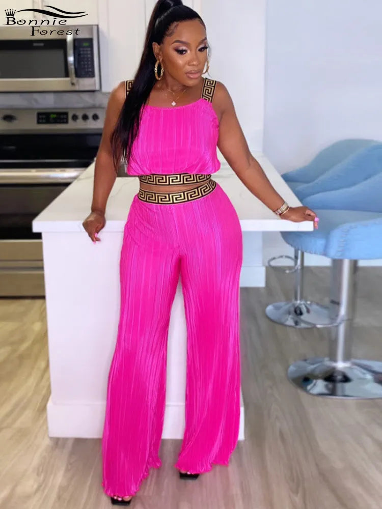 Bonnie Forest Elegant Sleeveless Printed Rcuhed Crop Top And Palazzo Pants Set Chic Tracksuit Female Clubwear Night Club Outfits Pink