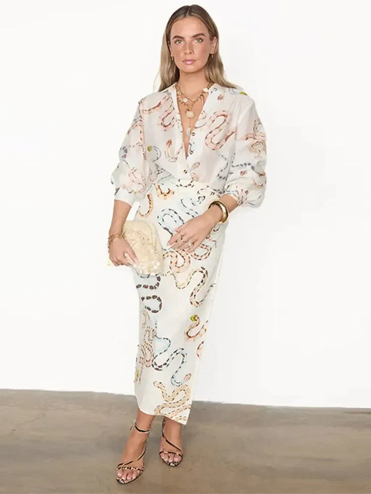 Snake Print Long Sleeve Shirt Split Skirt 2 Pcs Set Women Single Breasted Loose Lapel Short Dress Set Summer Chic Female Suits