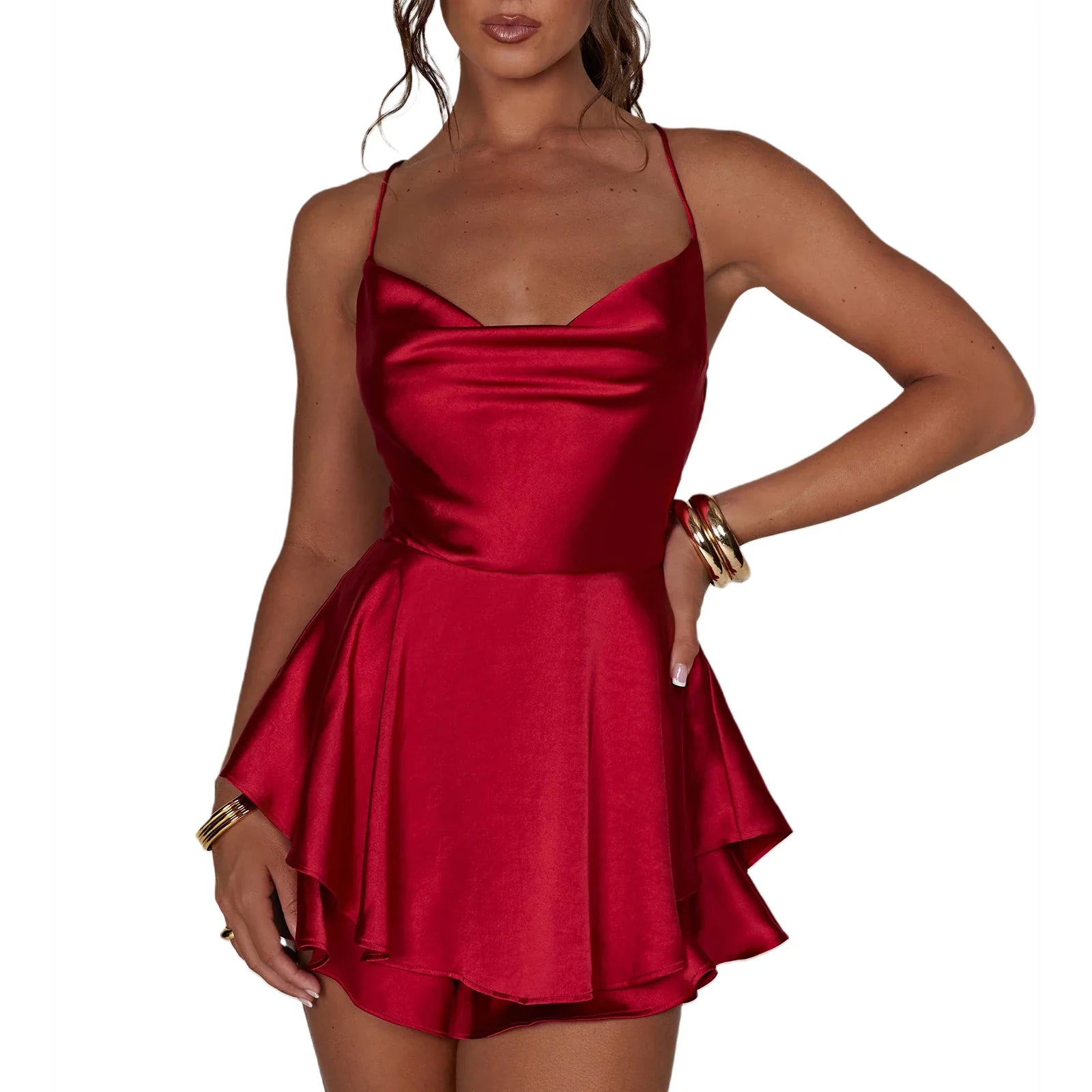 Women Solid Color Cami Playsuits Cowl Neck Sleeveless Short Jumpsuits Summer Cross Tie-Up Backless Romper Clubwear Red