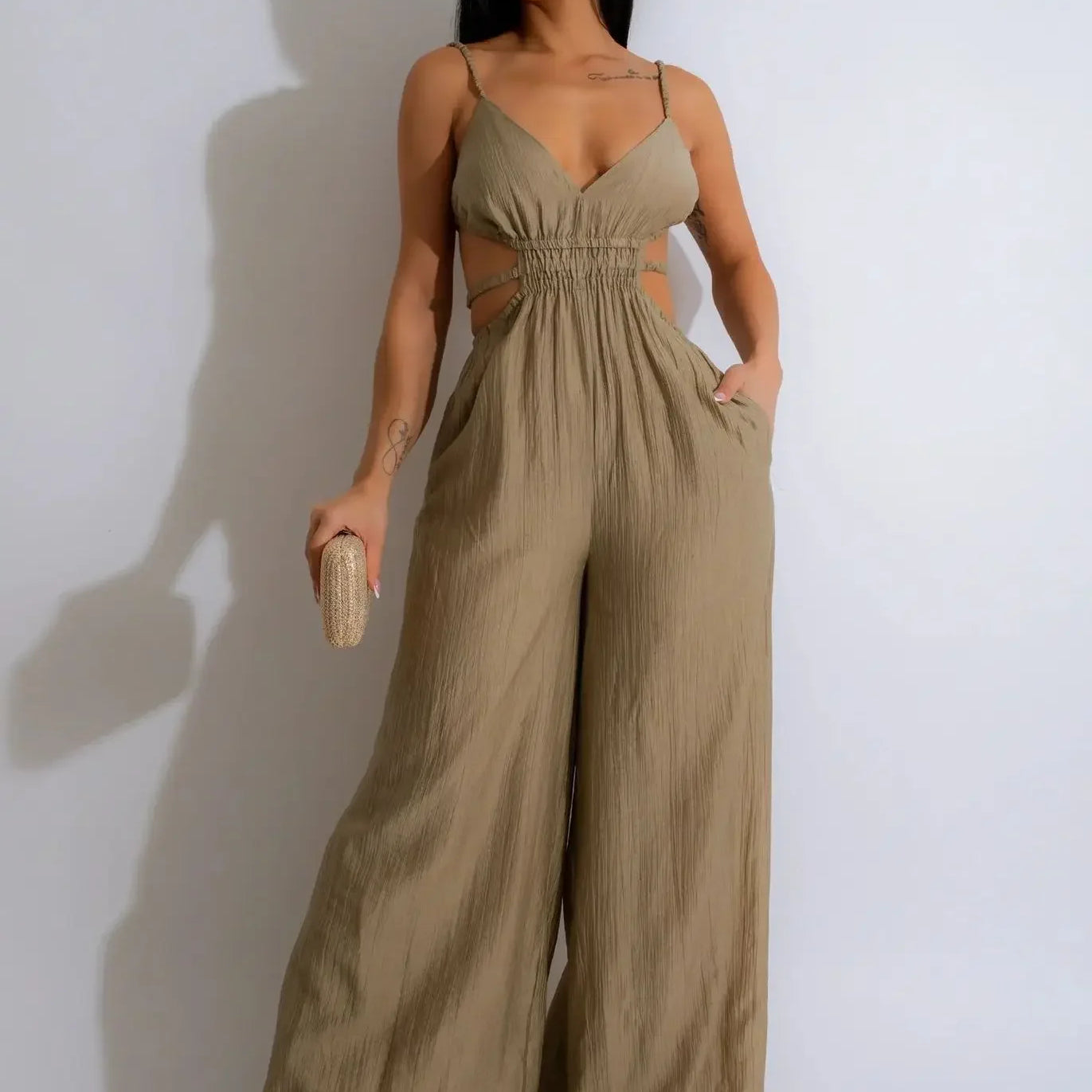 CM.YAYA Women Sleeveless Strap V-neck Backless Wide Leg Long Jumpsuits 2025 Summer Beach Night Club Street Sexy Outfit Rompers