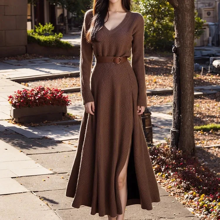 Vintage Idle Side Slit Coffee Color Sweater For Women Autumn/Winter New Socialite Style V-Neck Knit Dress