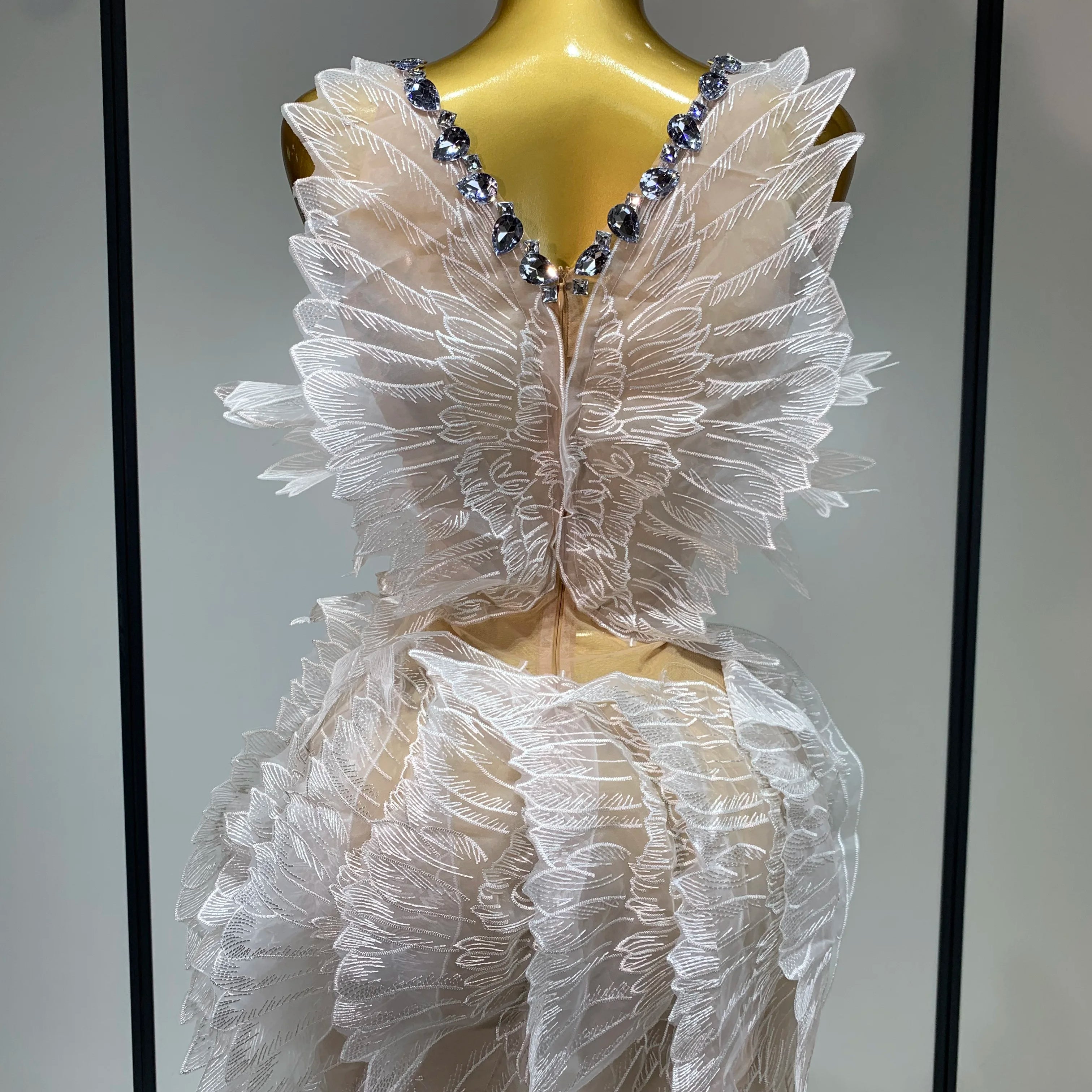 Luxury Birthday Dress Women Sexy White Crystal Transparent Wings Mini Dress Nightclub Evening Party Singer Stage Perform Costume