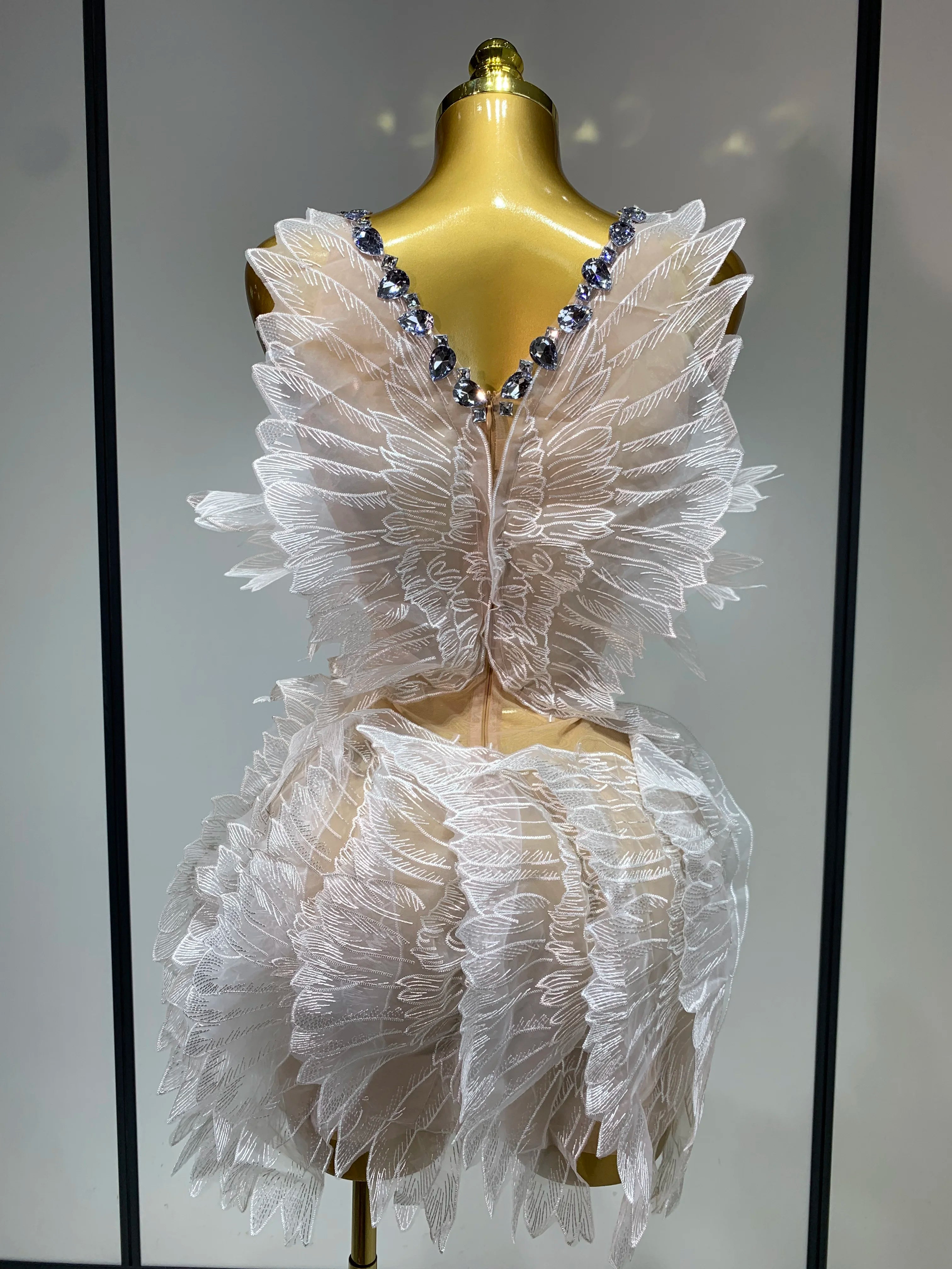 Luxury Birthday Dress Women Sexy White Crystal Transparent Wings Mini Dress Nightclub Evening Party Singer Stage Perform Costume