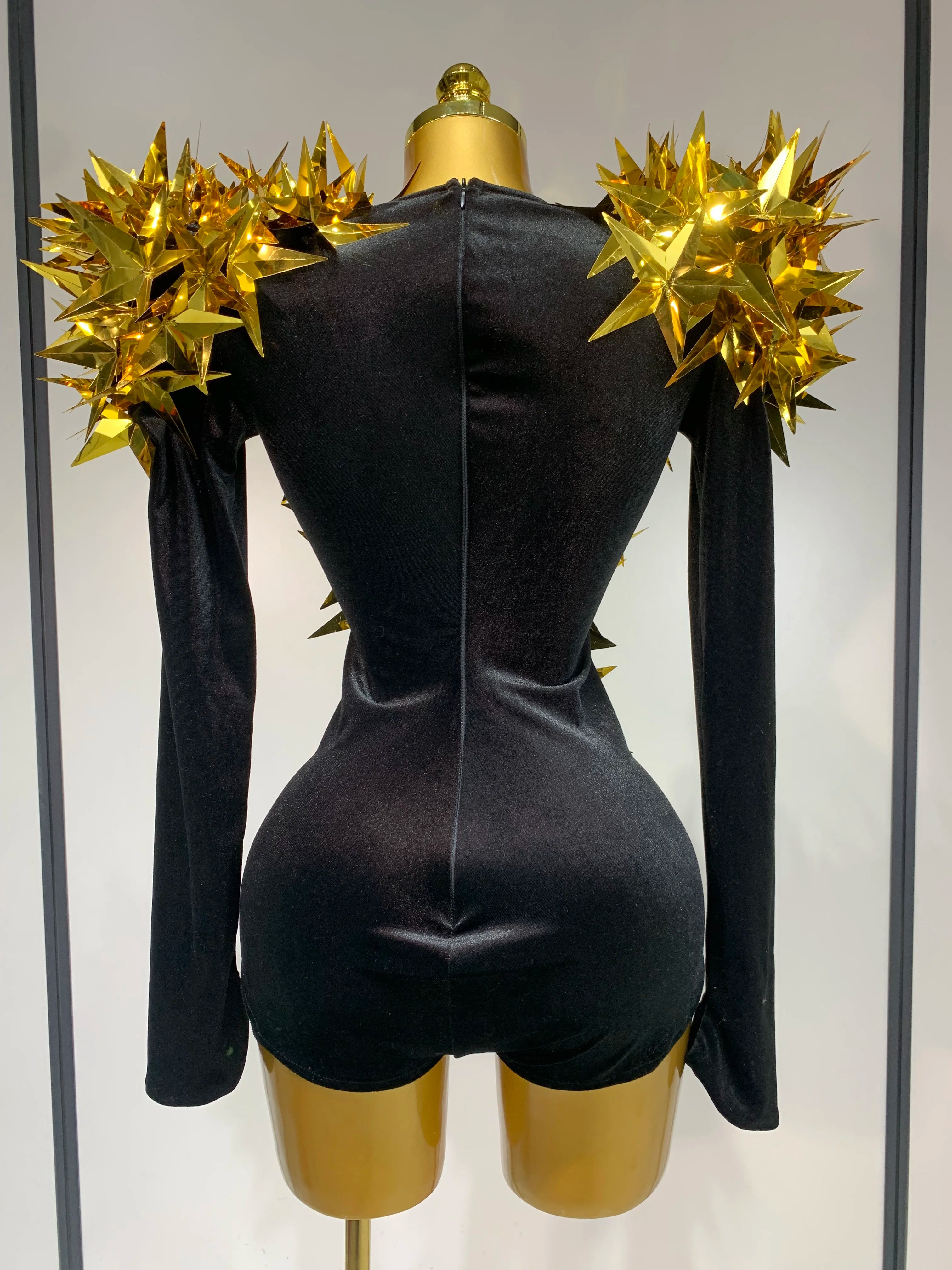 Women Sparkly Gold Rhinestone Black Velvet Long Sleeve Bodysuit Evening Party Club Gala Hosts Night Club Bar Stage Costumes