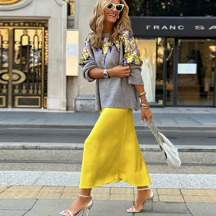 Women O-neck Long Sleeve Knitted Sweater Fashion Sequins Decor Loose Casual Pullovers Female Fall Winter Street Club Jumper