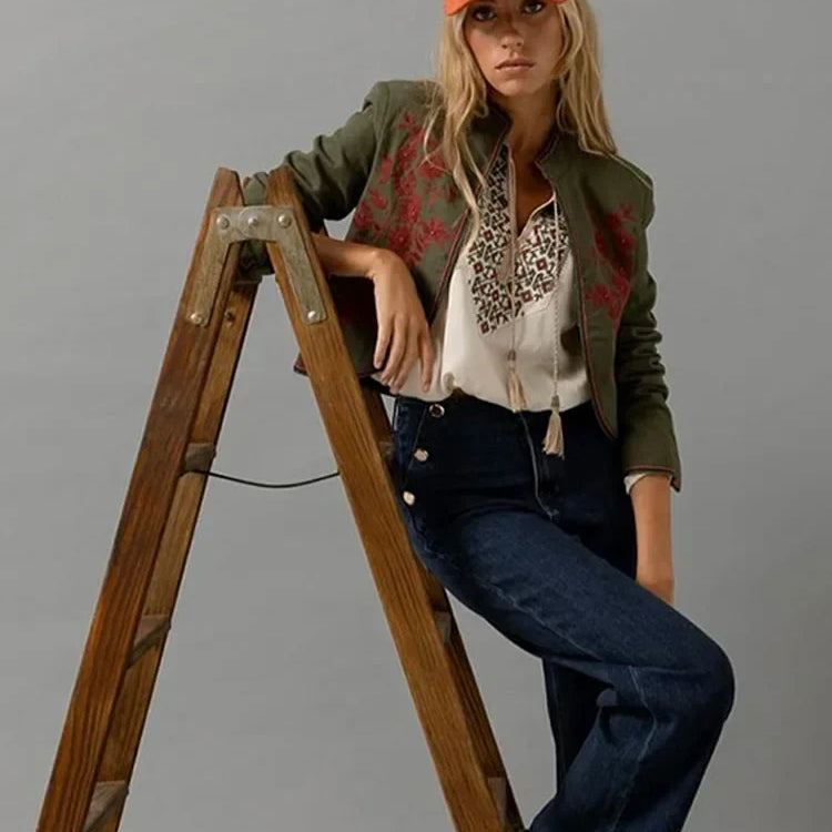 Women Fashion Print Trousers Two-piece Suit Embroidery Long-sleeved Coat High Waist Pants Sets Spring Casual Lady Outfit