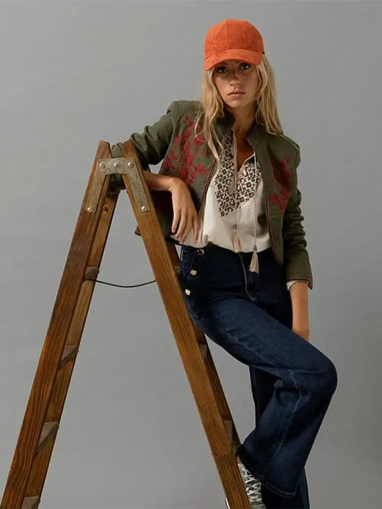 Women Fashion Print Trousers Two-piece Suit Embroidery Long-sleeved Coat High Waist Pants Sets Spring Casual Lady Outfit