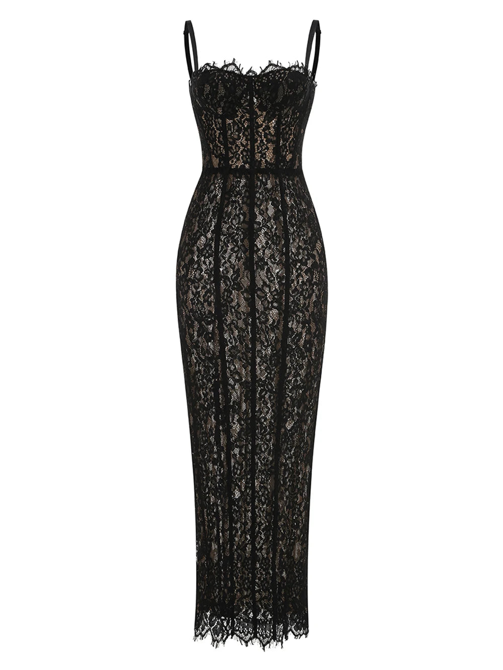 Elegant Lace Spaghetti Strap Long Dress Women Slim Sleeveless Sling Evening Party Gowns 2025 Summer New Female Fashion Robe