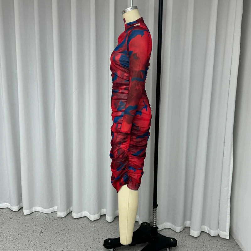 Ellafads Women Midi Dresses Autumn Fashion Hollow Out Long Sleeve Vintage Printed Folds Party Dress Elegant Chic Bodycon Gown