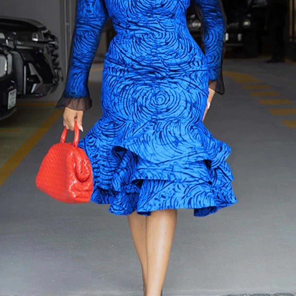 CM.YAYA Women Long Sleeve mesh O-neck mult Ruffles Bodycon Midi Dress 2025 Africa OL Work Evening Sexy Party Dresses Vestidos
