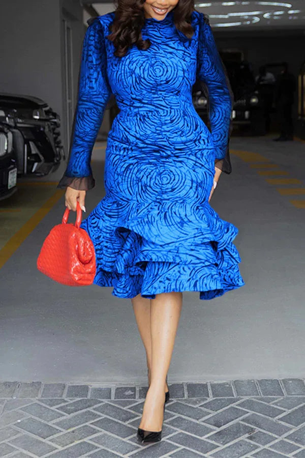 CM.YAYA Women Long Sleeve mesh O-neck mult Ruffles Bodycon Midi Dress 2025 Africa OL Work Evening Sexy Party Dresses Vestidos