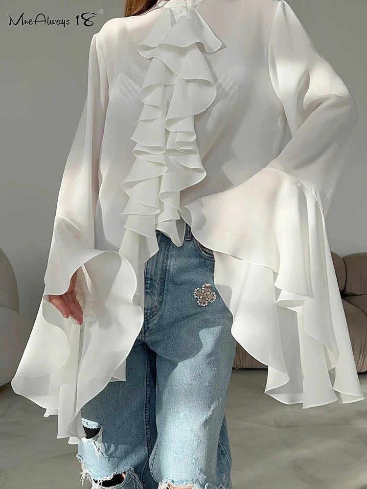 Mnealways18 Chiffon White Ruffled Shirts For Women Flare Sleeve Oversize Laminated Flounces Elegant Blouses And Tops Spring 2024 White