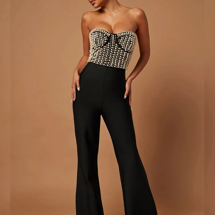 Celebrity Women Luxury Sexy Strapless Pearl Black Bodycon Bandage Jumpsuit 2025 Celebrity Designer High Street Rompers