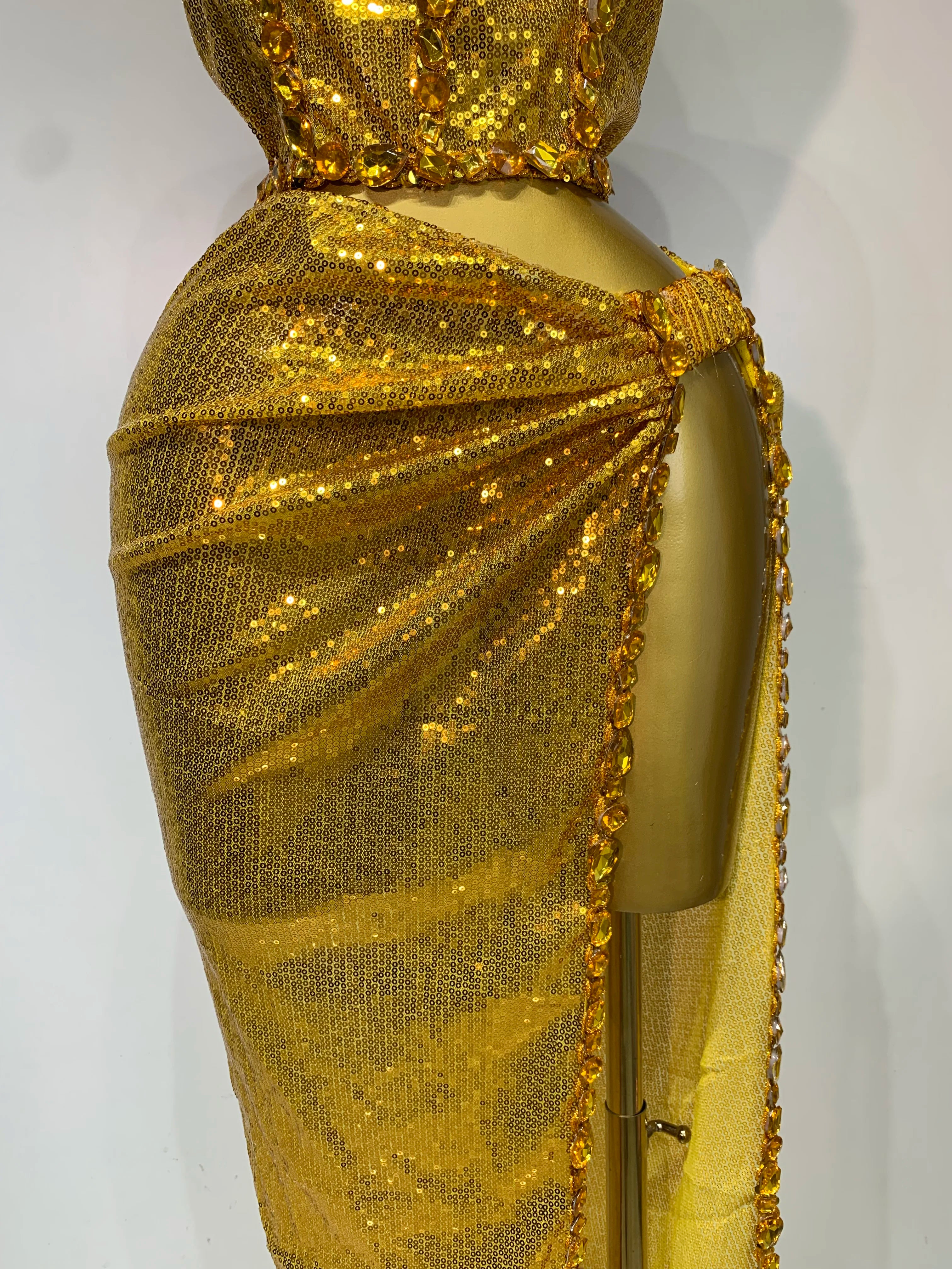 Ensemble deux pièces pour femme, haut et jupe longue à strass dorés scintillants, costume de danseuse, de chanteuse, de discothèque, robe d'anniversaire de luxe