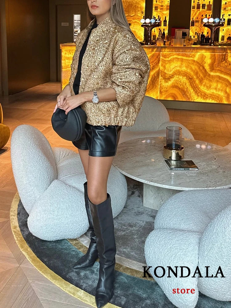 Streetwear Golden Sequined Oversized Jackets Women Long Sleeve Zipper Thick Coats Fashion Autumn Winter Outwears