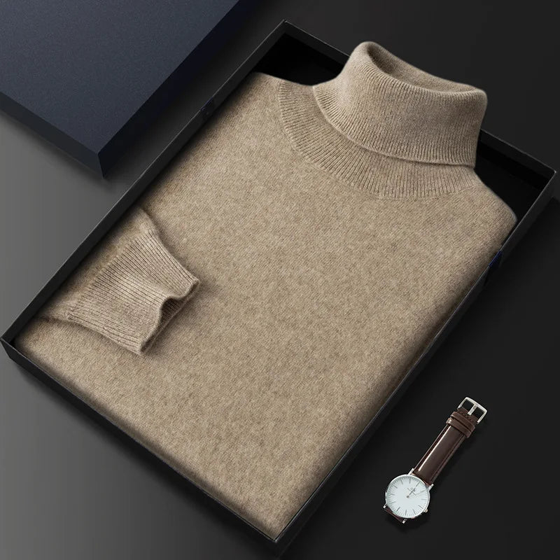 100% Cashmere Turtleneck Men Pullovers Autumn Winter Soft Light Warm Rolled Neck Jumper Jersey Pull Homme Knitted Sweater dark khaki