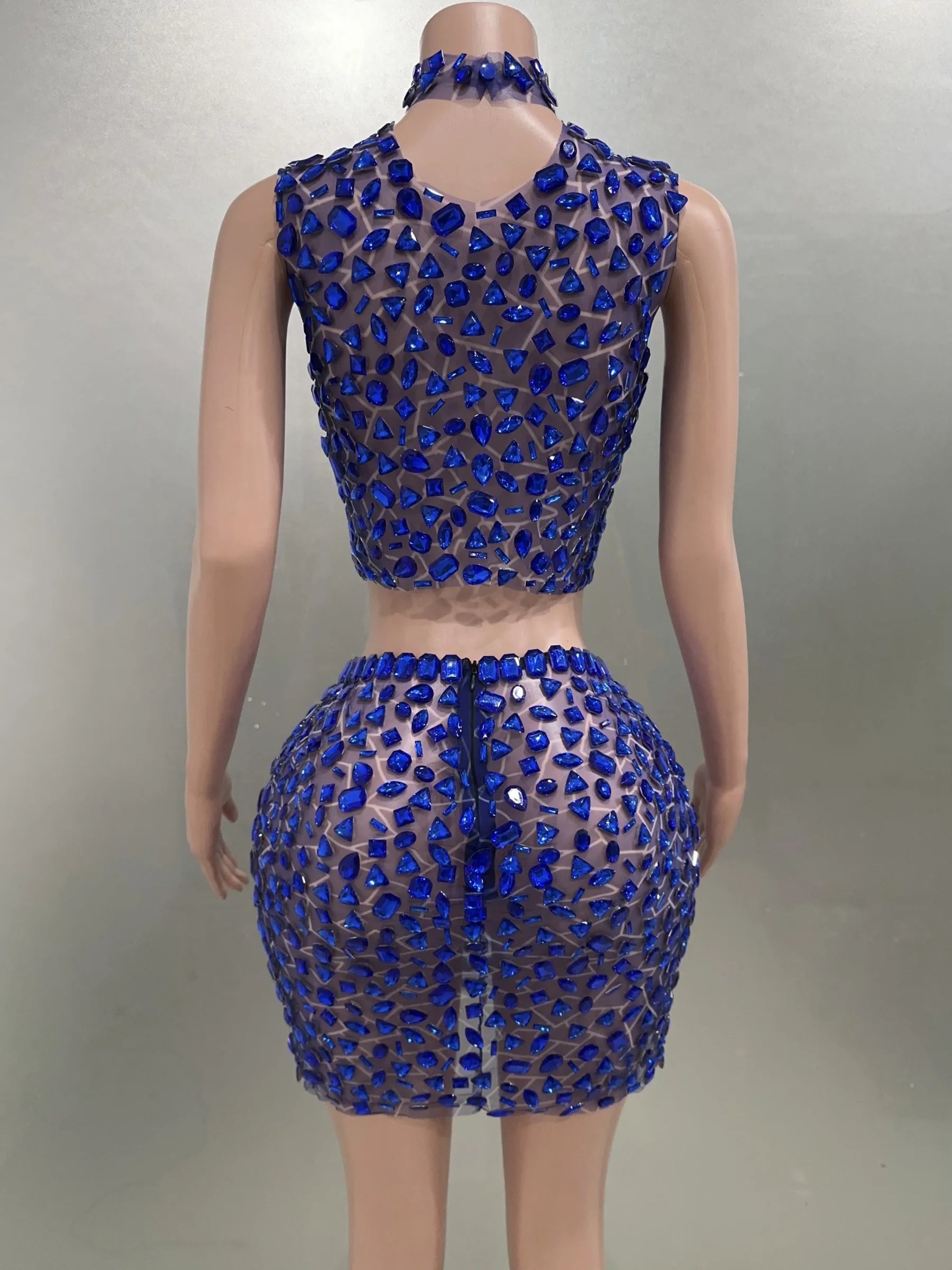 Vestido feminino sexy de cristal grande, 2 peças, malha transparente, mini vestido justo, fantasia de performance, comemoração, vestido de festa de aniversário