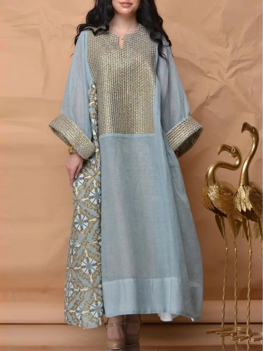 Bridal Luxury Evening Dresses O-Neck Straight Long Sleeved Ankle-Length Chiffon Formal Evening Prom Dress Women blue