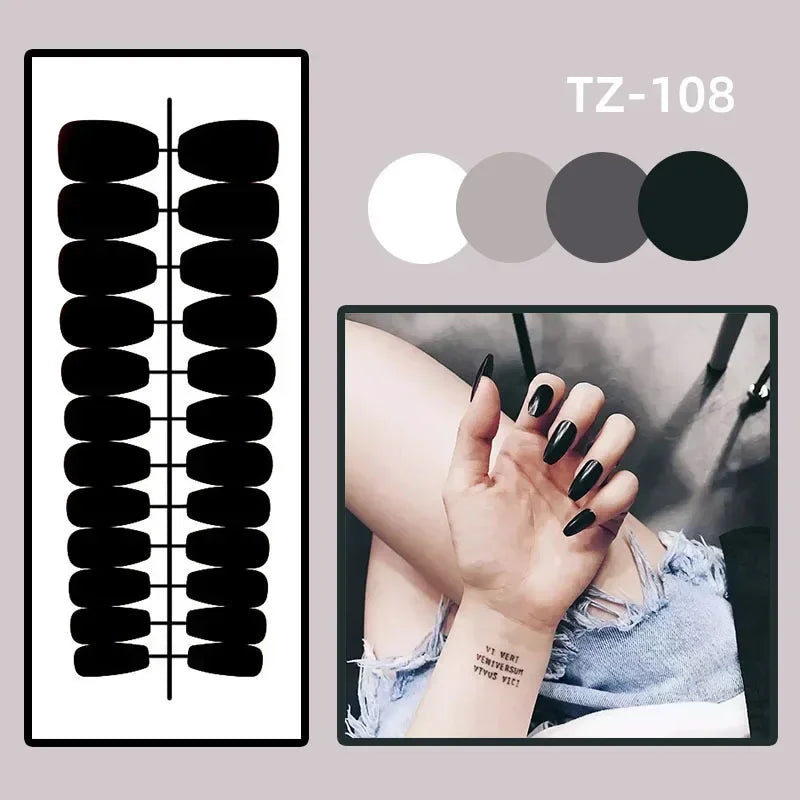 24Pcs Short Round Fake Nails with Gilding Flower Design Wearable Almond False Nails Tips Golden Lines Detachable Press on Nails