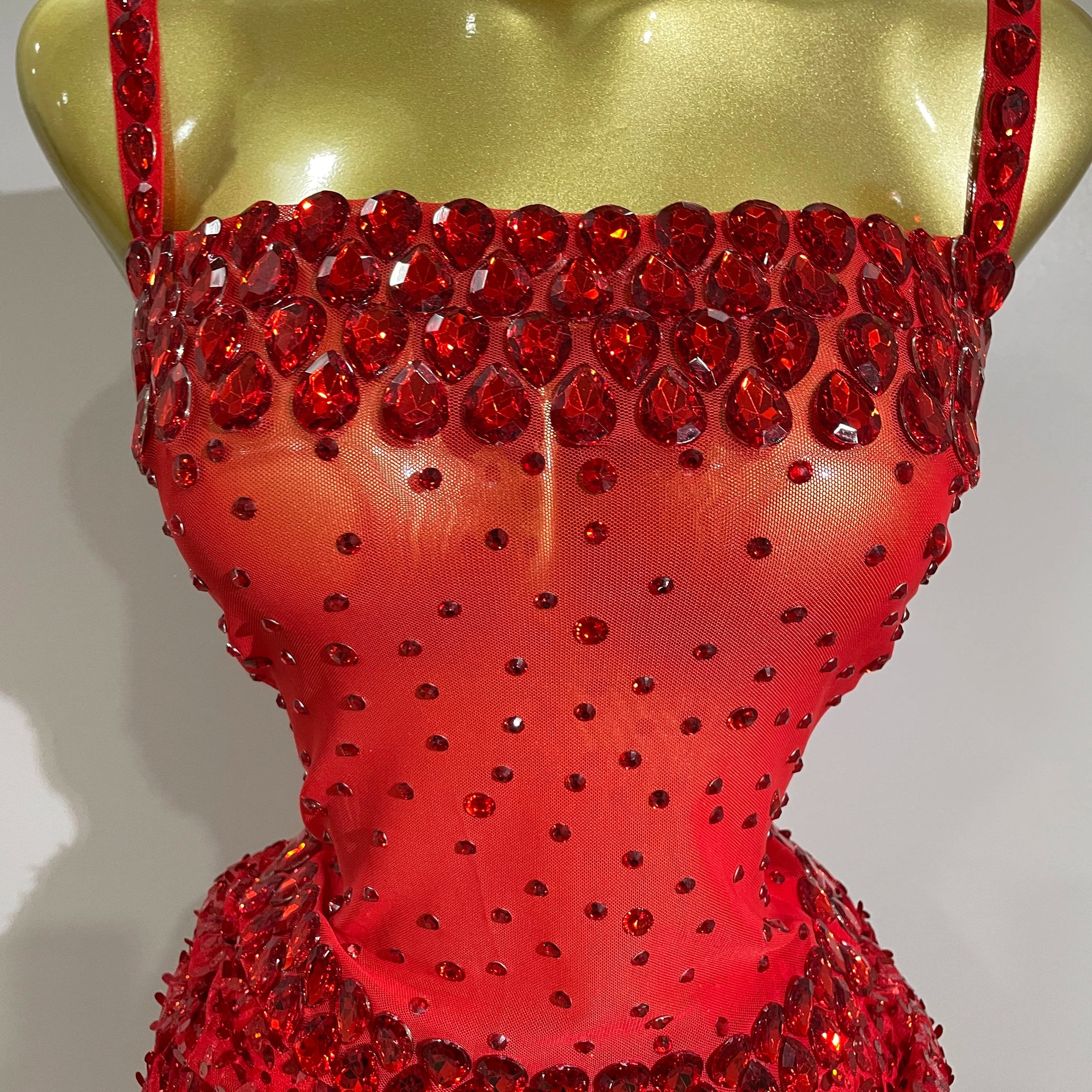 Sparkly Red Rhinestones Sequins Sexy See Through 2PCS Long Dress 2025Women Celebrate Evening Birthday Party Dress Stage Costumes