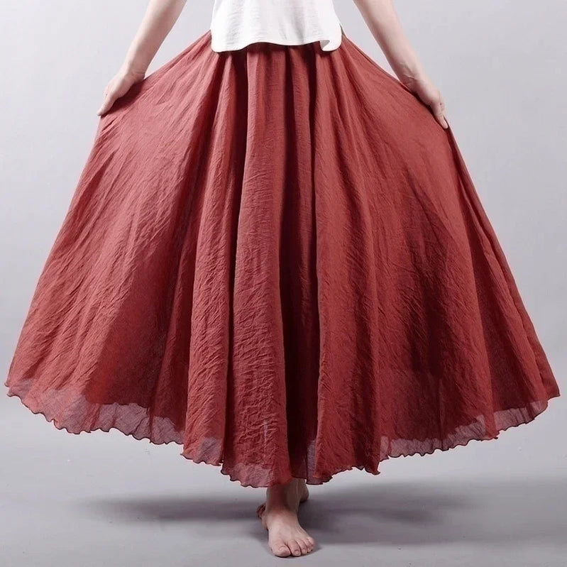 14 Colors Linen Maxi Skirt Pleated Vintage Boho Maxi Long Casual Cotton Beach Skirt Empire A-Line Linen Skirt Ladies Clothing