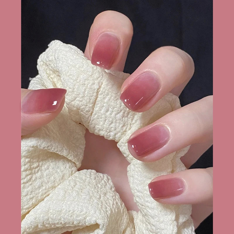 24Pcs Simple Short Gradient Nail Art with Jelly Glue Elegant Ballet Square Wearable False Nails Glitter Sweet Acrylic Nails Set