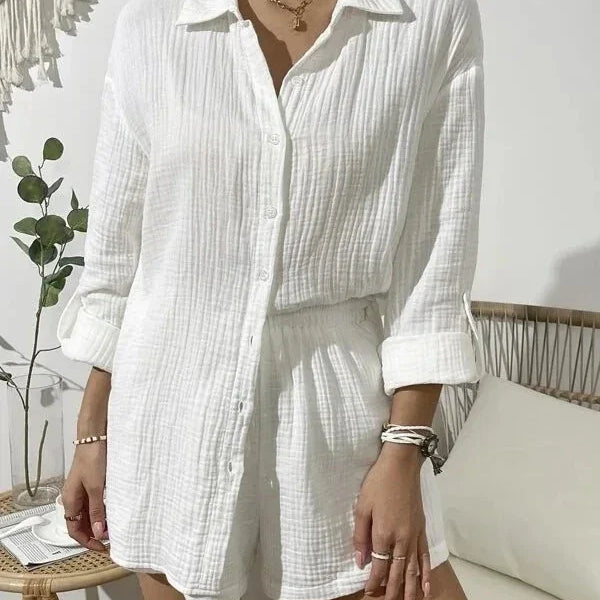 100% Cotton Gauze Muslin Sets For Women 2 Pieces Long Sleeve Shirts And Loose High Waist Mini Shorts Sets Ensemble Femme white CN