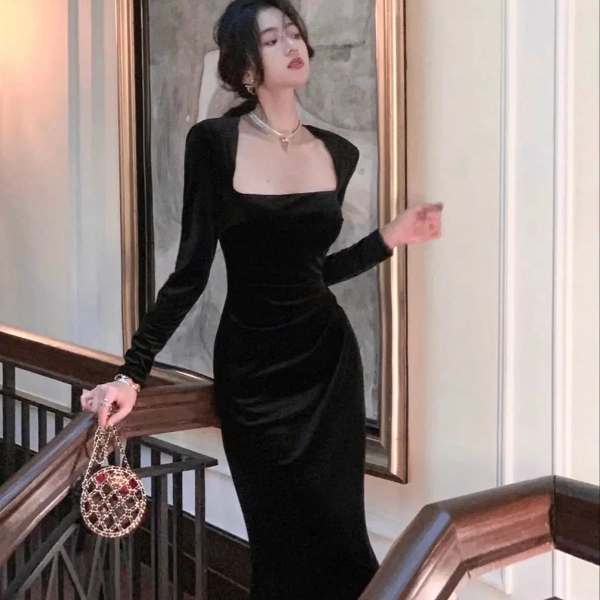 Fashion Elegant Long Black Velvet Dress Spring Women Sexy Bodycon Prom Evening Party Birthday Vestidos Female Vintage Robe