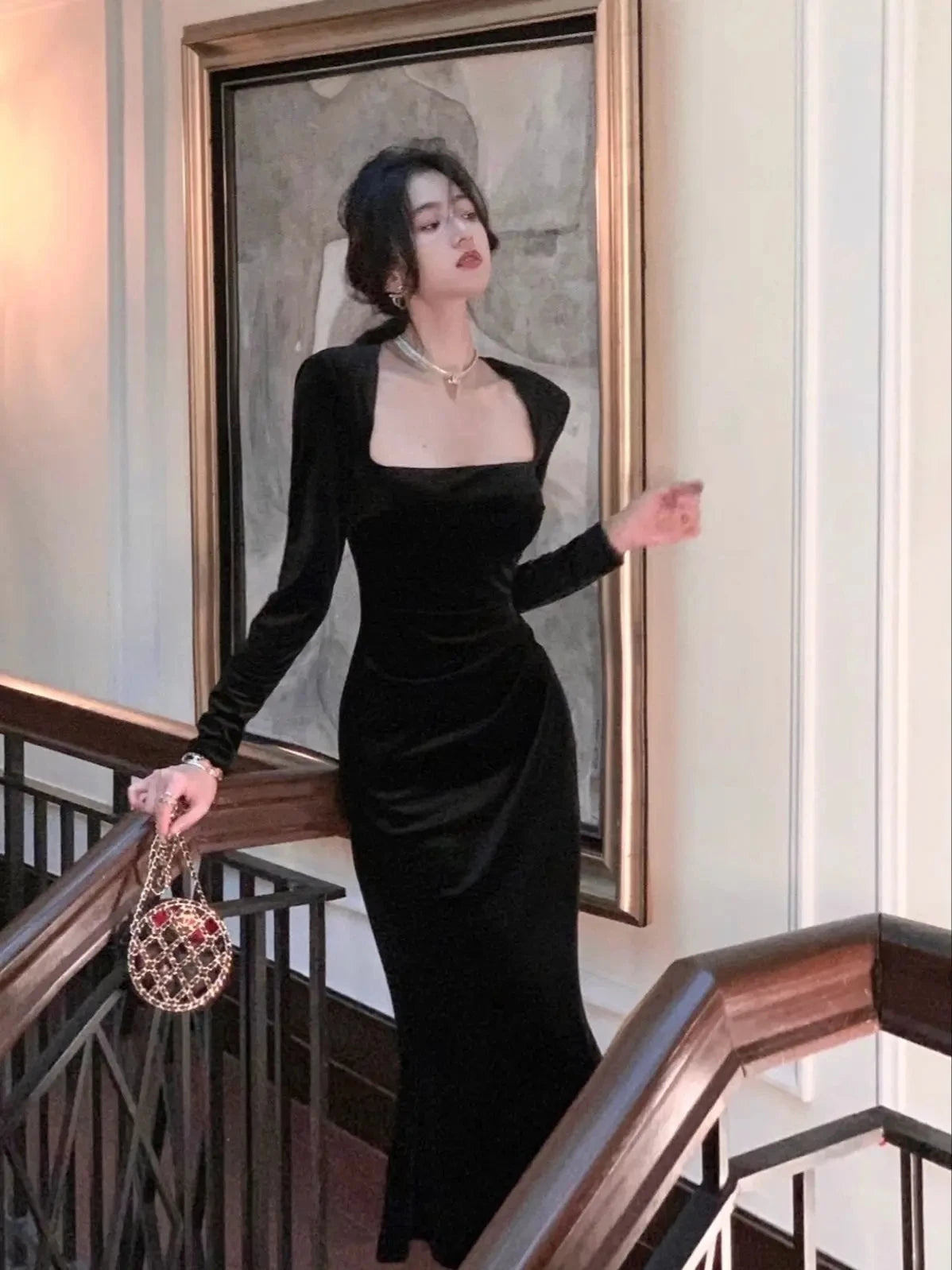 Fashion Elegant Long Black Velvet Dress Spring Women Sexy Bodycon Prom Evening Party Birthday Vestidos Female Vintage Robe
