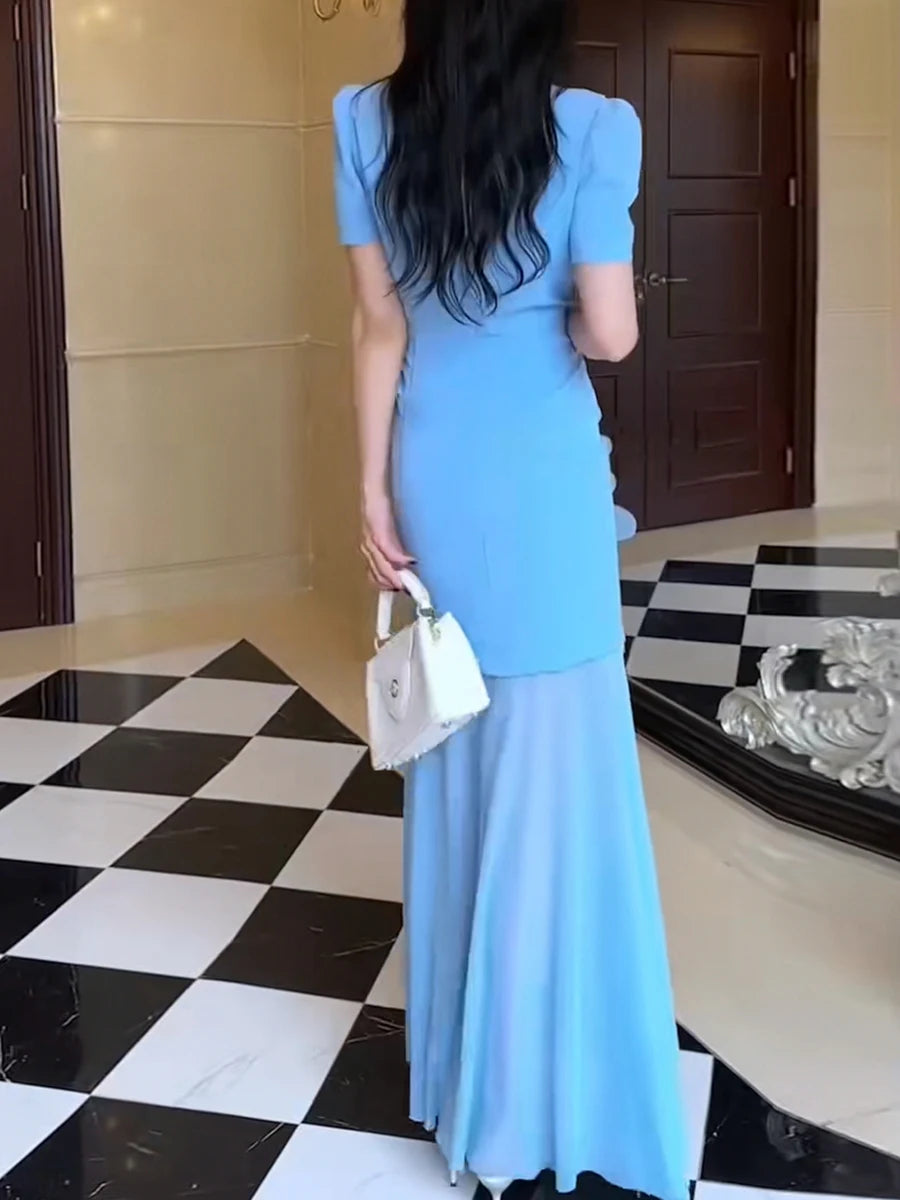 TWOTWINSTYLE Hit Color Spliced 3D Flower Elegant Dresses for Women Round Neck Short Sleeves Patchwork Folds Sheer Dress Female