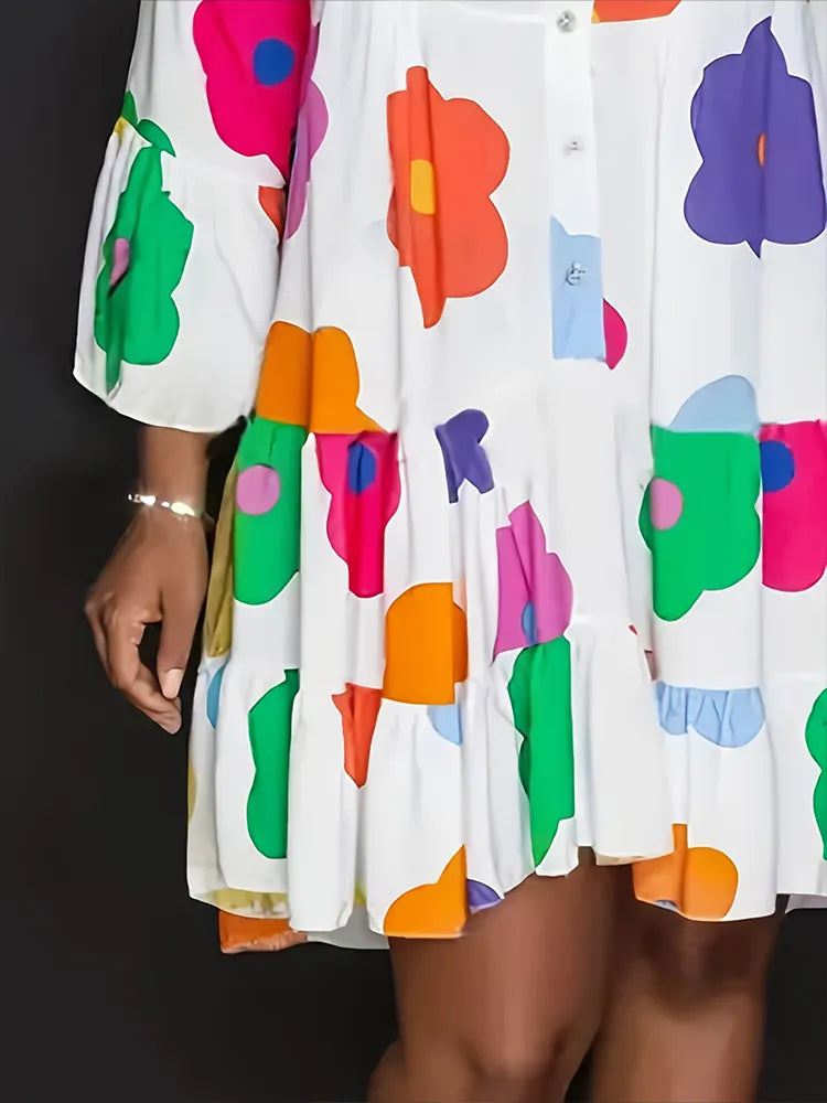 Plus Size Autumn New Floral Printed Women's Dresses,Casual Loose Button Fashion Streetwear Polyester V-Neck Pleated Dresses