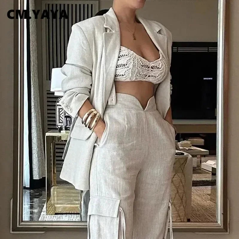 CM.YAYA Fashion Women's Set Long Sleeve Blazer Suit and Wide Leg Cargo Pants 2023 OL Workout Two 2 Piece Sets Outfit Tracksuit