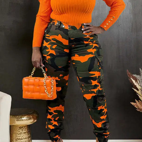 CM.YAYA Women’s Camouflage Printed Slim Cargo Pants 2024 Spring/Summer Pocket Jogger Street Fashion Safari Trousers