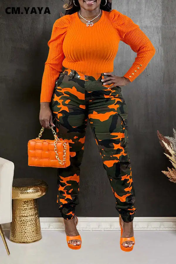 CM.YAYA Women’s Camouflage Printed Slim Cargo Pants 2024 Spring/Summer Pocket Jogger Street Fashion Safari Trousers