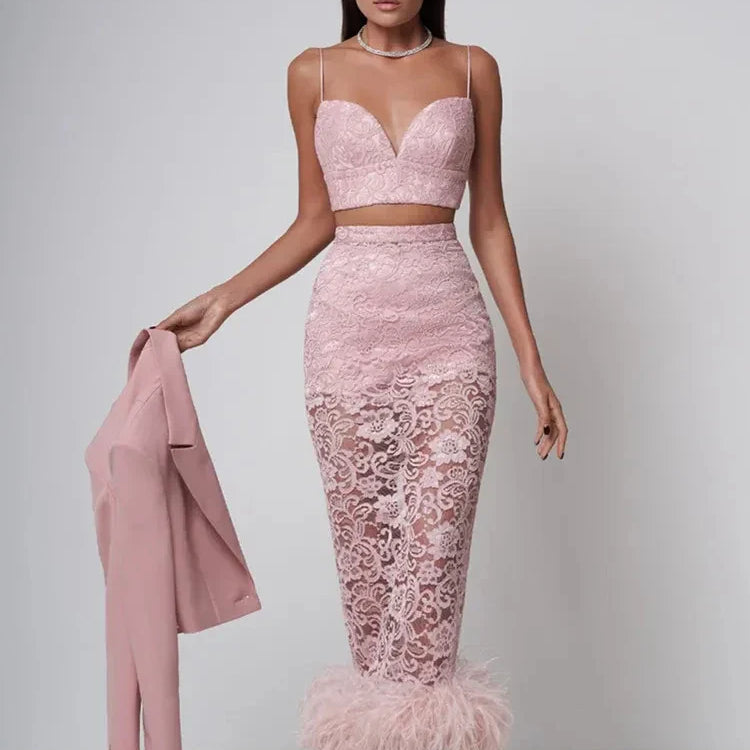 New Women Sexy V Neck Lace Feather Midi Skirt Bandage Set Celebrity Elegant Evening Club Cocktail Party Outfits WHITE