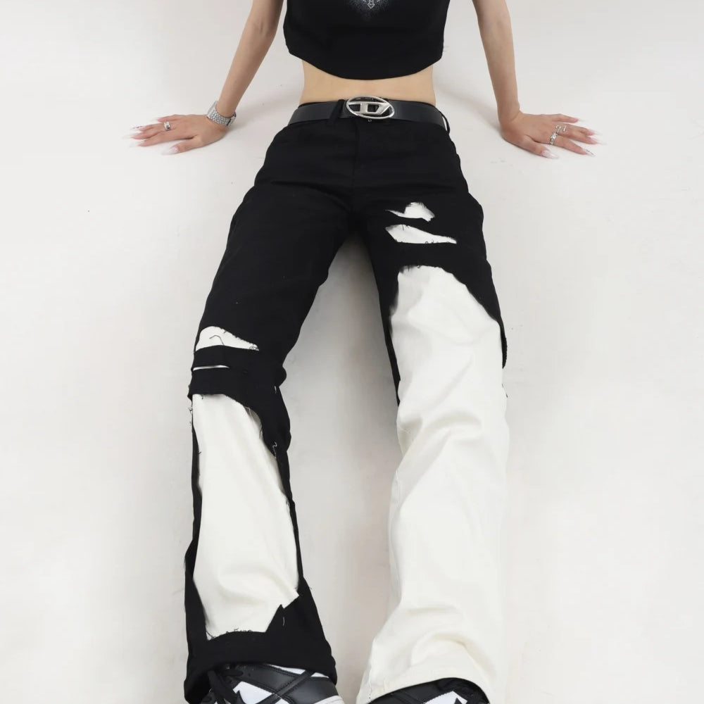 Contrast Color Ripped Jeans Pant for Women Autumn New Loose Straight Wide Leg Demin Pants Jeans Y2k Women Pants High Waist