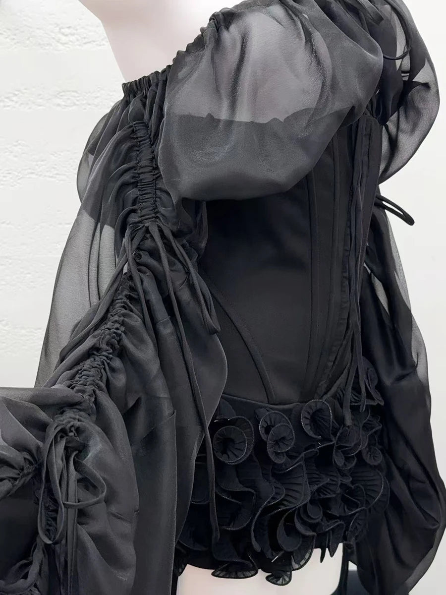 TWOTWINSTYLE Solid Slimming Spliced Lace Up Mini Dresses for Women Slash Neck Long Sleeves Patchwork Fungus Folds Dress Female