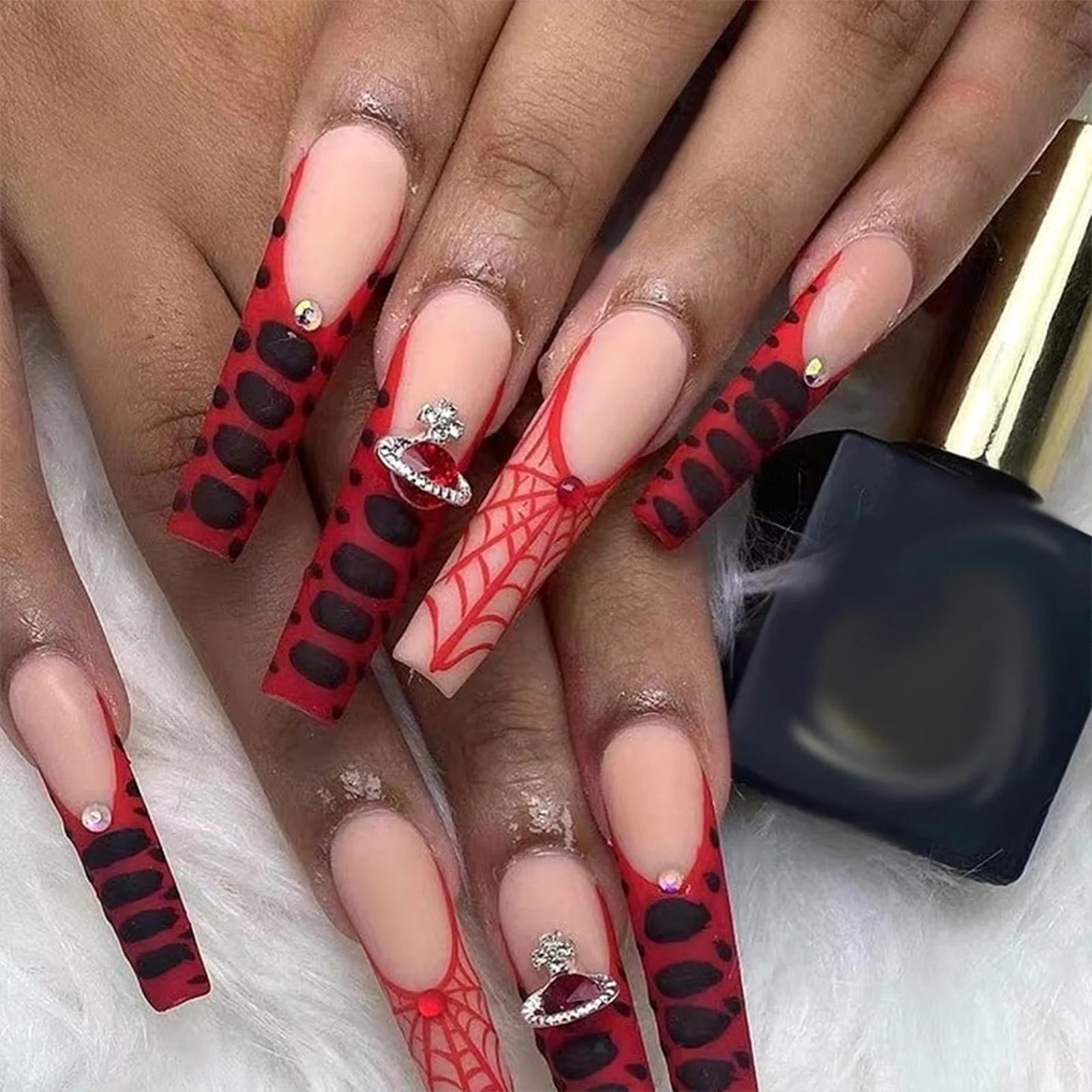 24pcs Scary Blood Skull Fake Nails Long Coffin Ballet Halloween Spider Web Print False Nails Wearable European Press on Nails