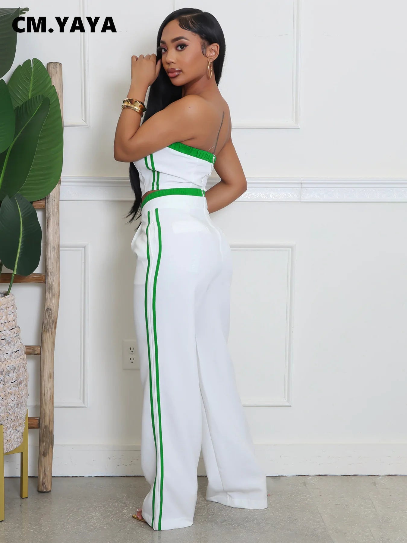 CM.YAYA 2025 Women's Set Sleeveless Ribbon Strapless Tops + Wide Leg Pants Fitness Streetwear Two 2 Piece Sets Outfits Tracksuit