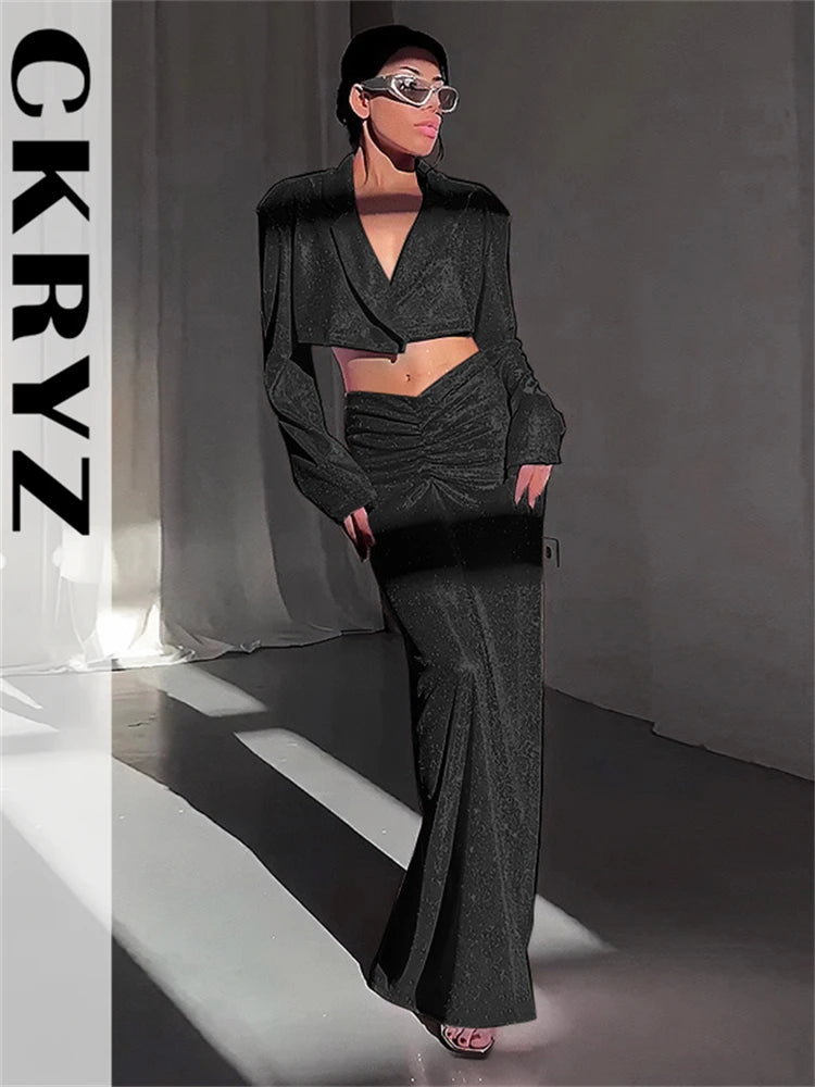 Ladies New Bling Glitter Slim Dress Set 2 Pieces Long Sleeve Pad Crop Top And Maxi Skirt Evening Party Night Club Women Outfits