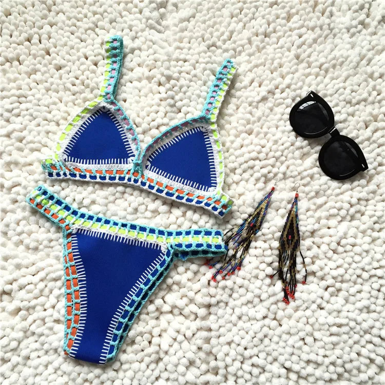 Knitted Bikini 2-piece Swimsuit for Women,summer Beach Vacation Bathing Suit,sexy Triangle Cup V-neck Suspender Swimwear blue 1