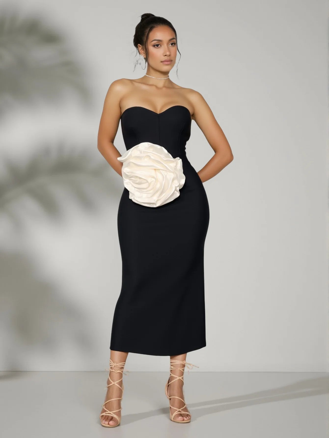 Black Color Women Sexy Strapless White Florals Bodycon Mid-calf Bandage Dress Celebrate Evening Party Birthday Outfit