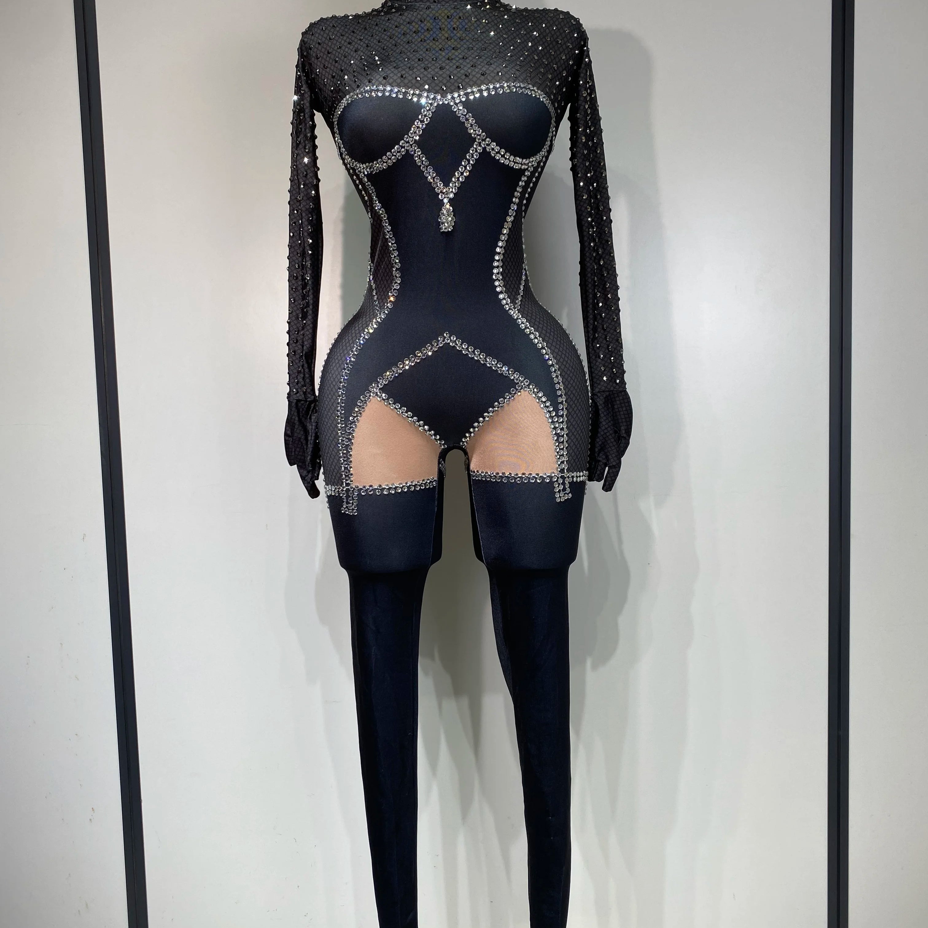 Sparkly Diamond Women Sexy Bodycon Jumpsuit Nightclub Bar Party Show Gogo Dancer Clothing Drag Queen Outfit Stage Costume
