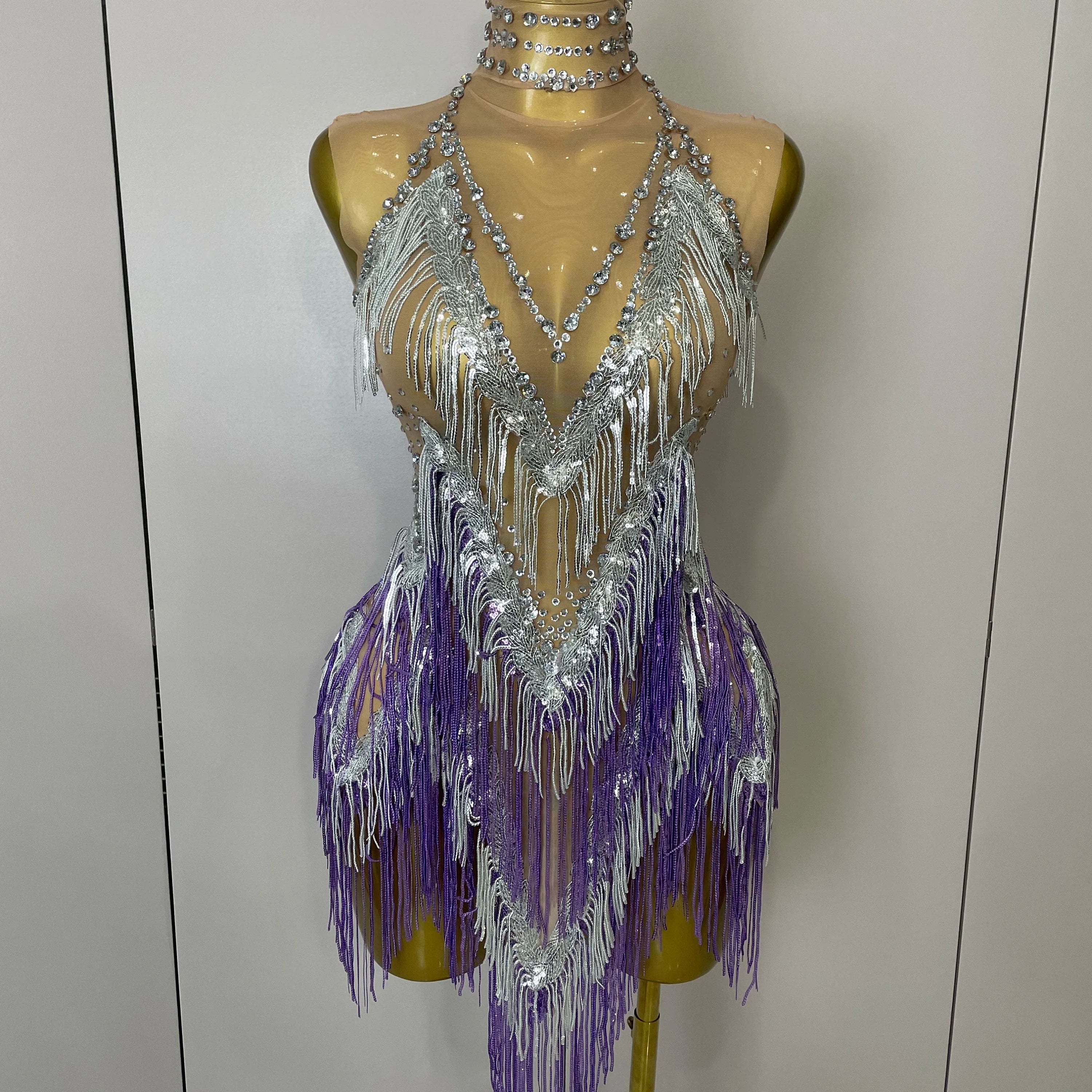 Stock 2025 Women Sexy Stretch Mesh Sparkly Rhinestone Tassels Mini Dress Nightclub Singer Dance Stage Costume Evening Gowns