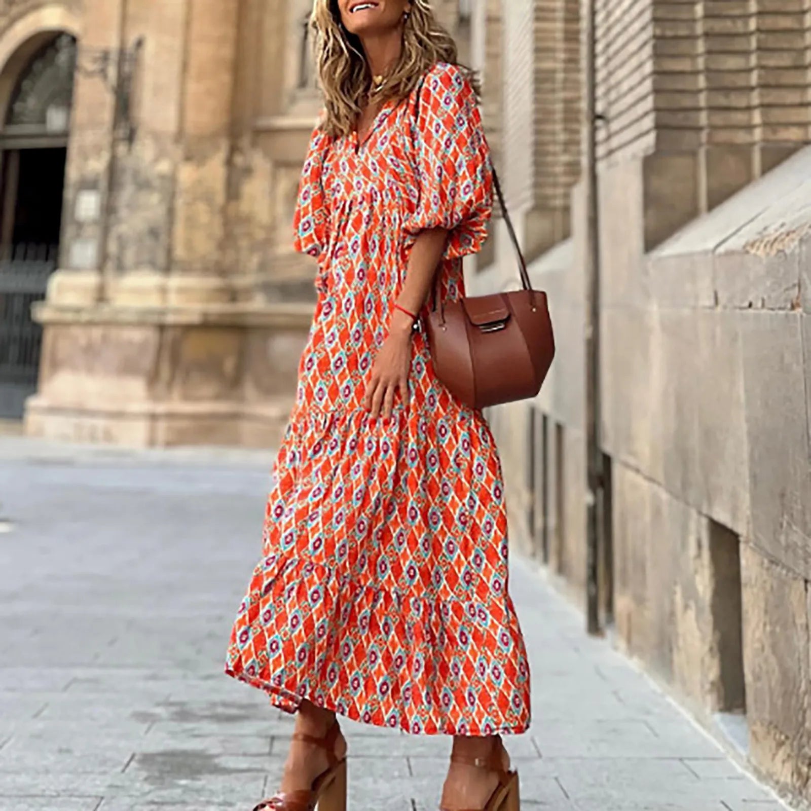 Geometric Printed Dresses For Fine Woman Bubble Sleeved Long Dress Street Oversized Women'S Clothing Casual Mountain Dress B