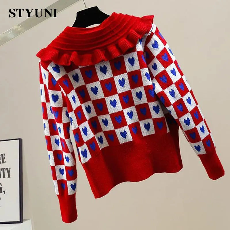 Heart-Shaped Plaid Peter pan Collar Acrylic Knitted Long Sleeve Women's Sweater Korean Fashion Chic Single Breasted Cardigan