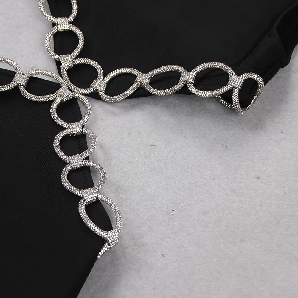 Summer Women'S Sexy Backless Cut-Out Diamond Luxury Black Tight Mini Dress Elegant Evening Club Party Dress