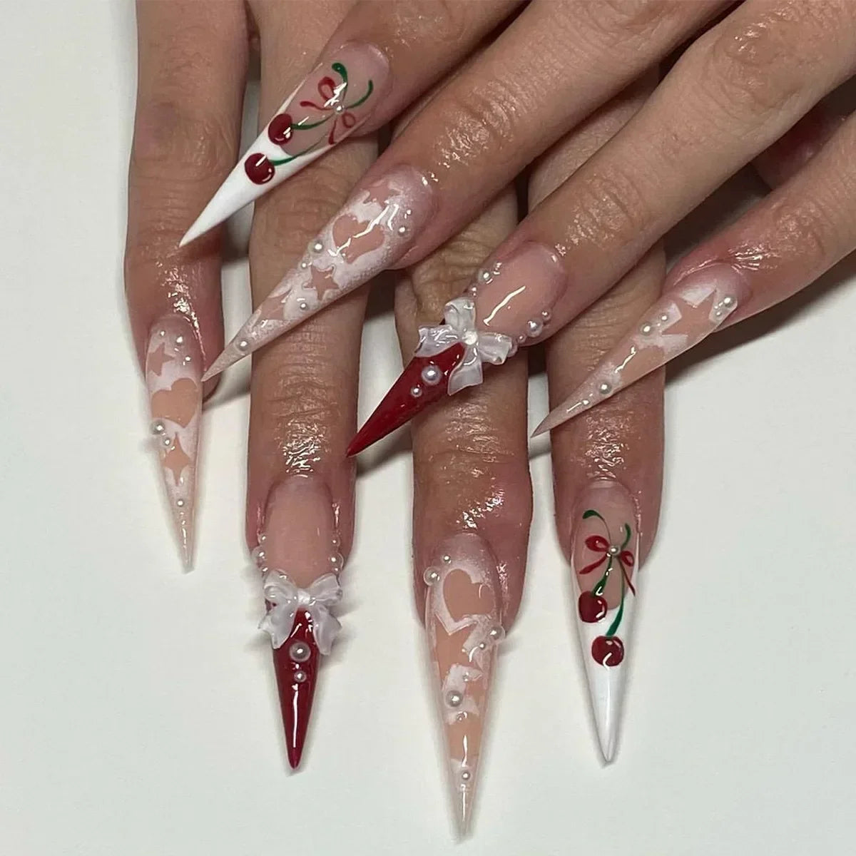 24Pc Long Stiletto Press on Nails Cherry Pink French False Nails with 3D Bow Pearls Design Detachable Acrylic Fake Nail Art Tips
